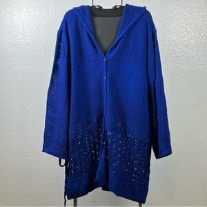 DG2 by Diane Gilman Women's Blue Hooded Organic Cotton Crocheted Cardigan Size 1